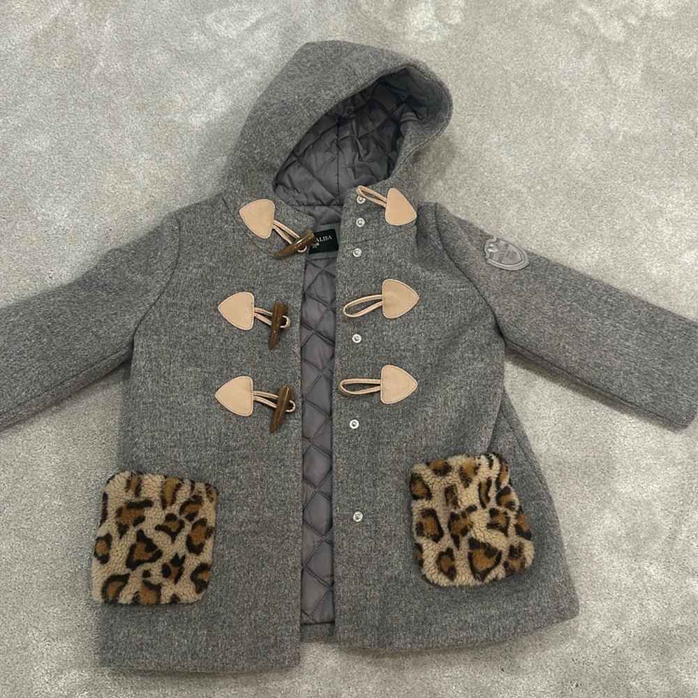 Monnalisa peacoat with leopard faux fur pockets and hood